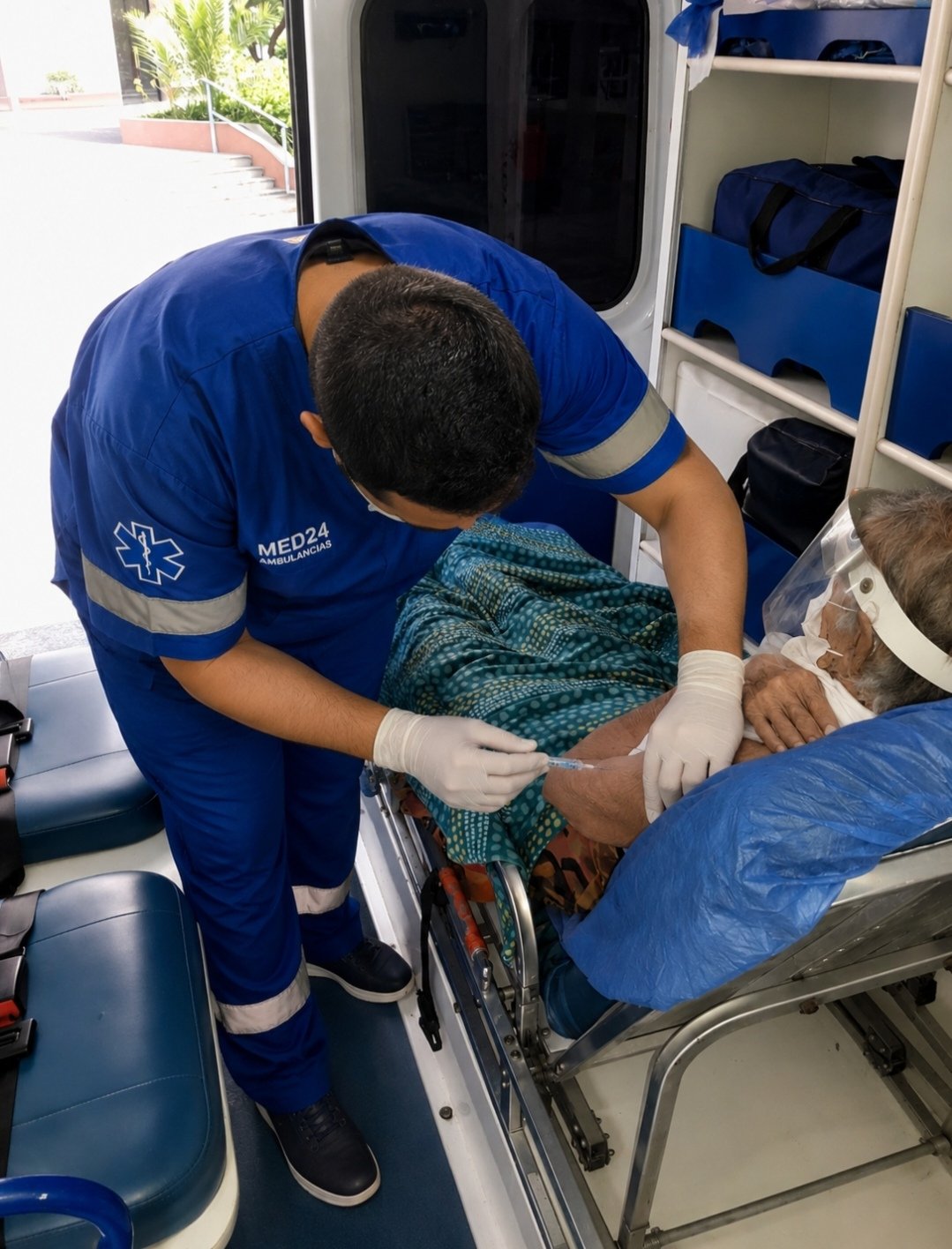 Medico asistiendo a un paciente durante un traslado de alta complejidad
